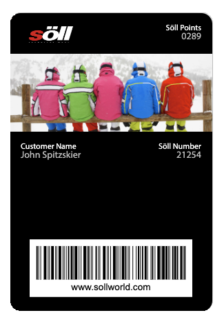 Söll digital loyalty card with points balance, customer name, customer number and barcode