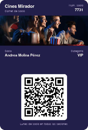 Carnet de socio digital de un cine con el número de socia, la categoría VIP, la ventaja de la semana y un código QR que descarga una tarjeta de ejemplo