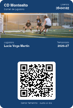 Carnet de socio digital de un club deportivo con número de socio, próxima reserva y un código QR que descarga una tarjeta de ejemplo