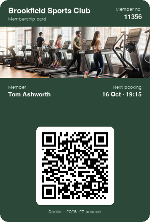 Digital membership card from a sports club showing the member's name, membership number, next court booking and a QR code