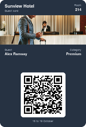 Digital guest card from a hotel showing the room number, Premium category, stay dates and a QR code