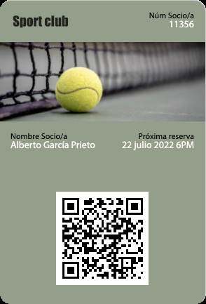 Carnet de socio digital de un centro deportivo con número de socio, próxima reserva y un código QR que descarga una tarjeta de ejemplo