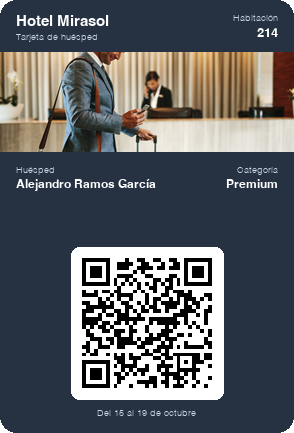 Tarjeta de huésped digital de un hotel con el número de habitación, la categoría Premium, las fechas de la estancia y un código QR que descarga una tarjeta de ejemplo
